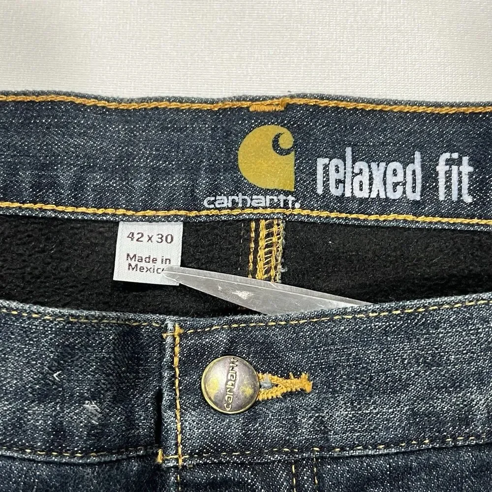 Carhartt Men Straight Relaxed Fleece Lined Denim Dark Blue Wash Jeans Size 42X30